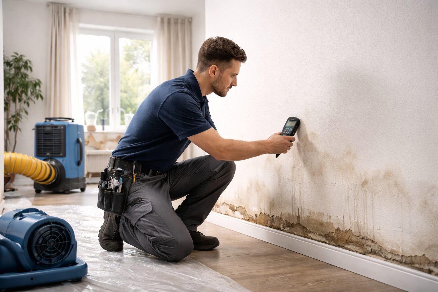 Techniker prüft eine feuchte Wand nach Wasserschaden – Bavaria Haus Service
