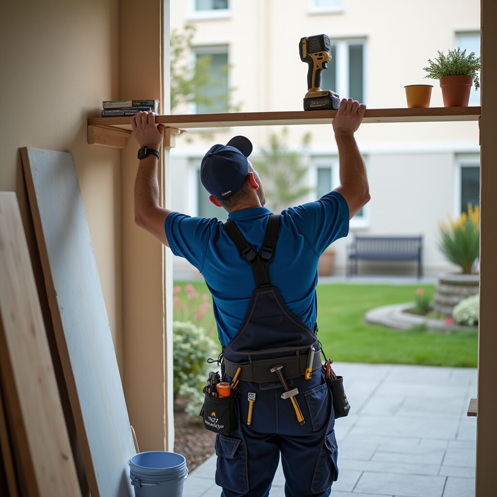 Site In Bamberg, Germany, Showing Professionals Working On A Drywall Installation Project. The Image Includes Plann